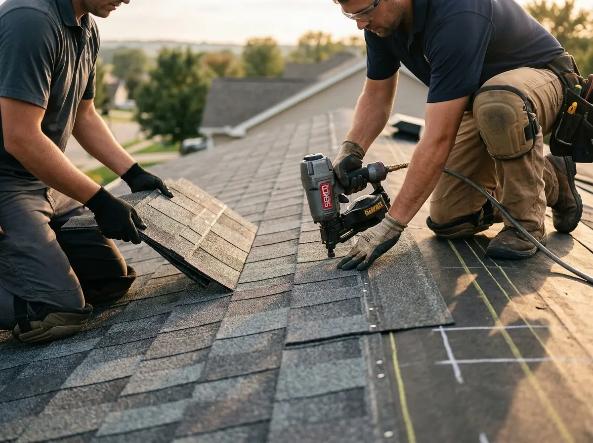 Professional roofer working on a residential roof in Presque Isle